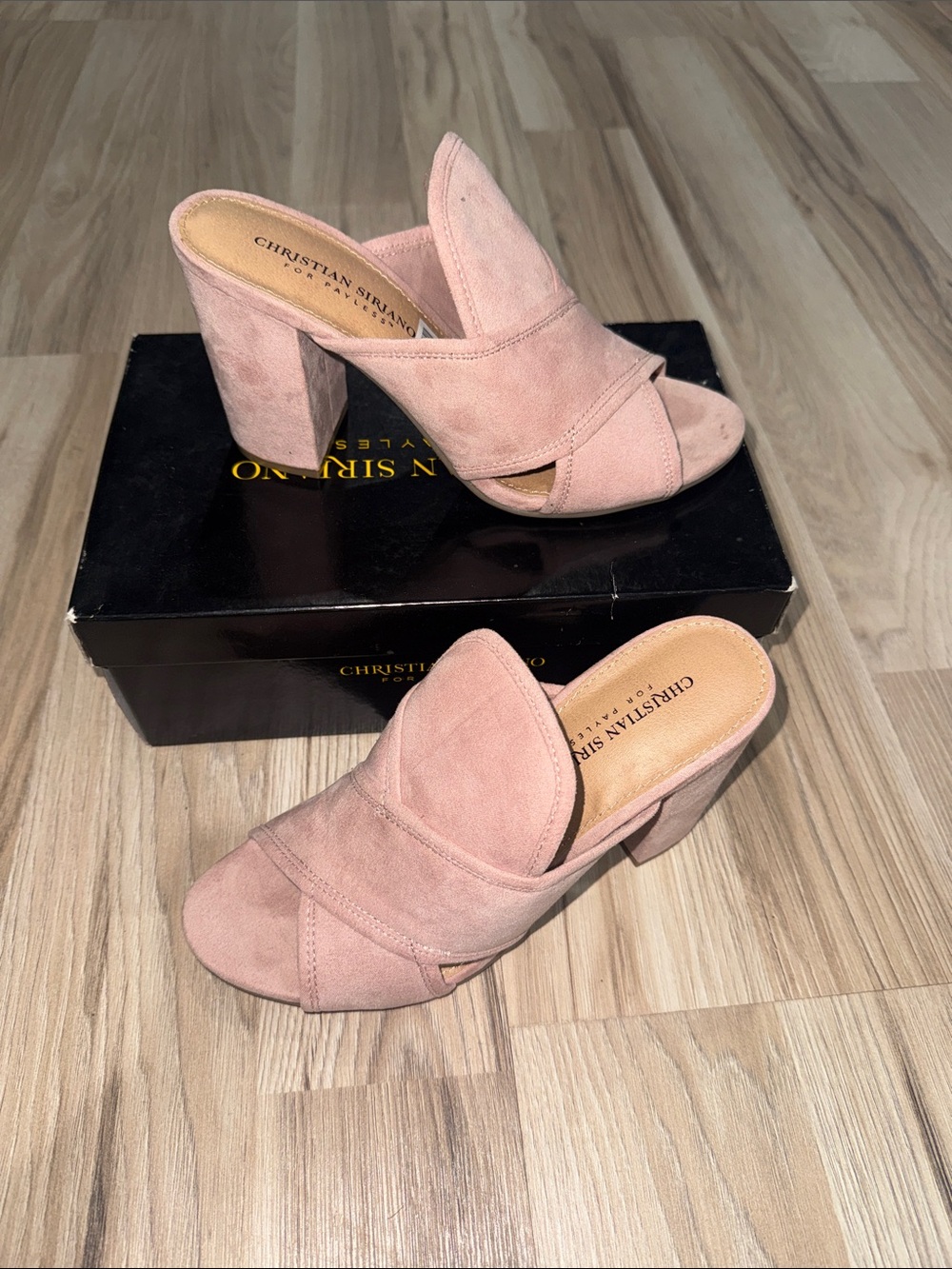 Christian Siriano Blush Pink Suede Open-Toe Block Heel Mules